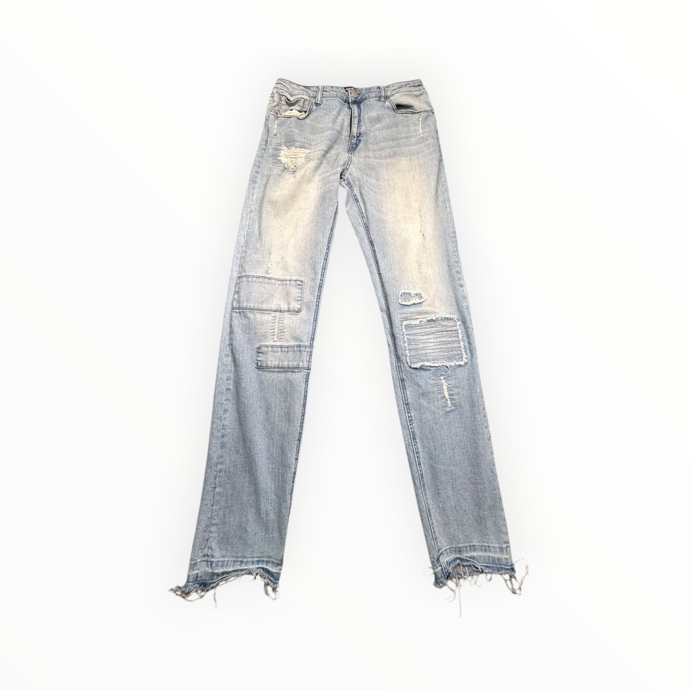 Jackson‎ Jeans Mens 36 Light Blue Distressed Patched Ripped Straight Leg Denim